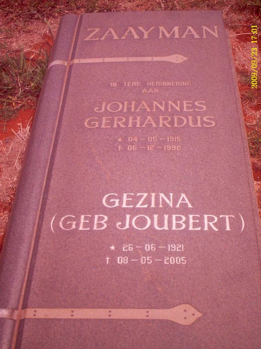 ZAAYMAN Johannes Gerhardus 1915-1992 &amp; Gezina JOUBERT 1921-2005