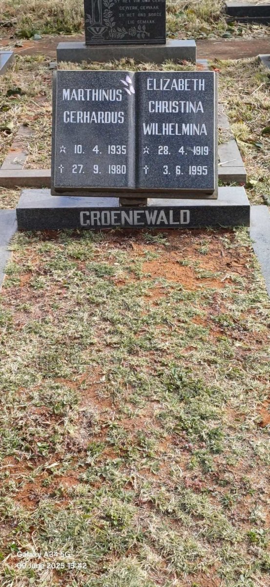 GROENEWALD Marthinus Gerhardus 1935-19+80 & Elizabeth Christina Wilhelmina 1919-1995