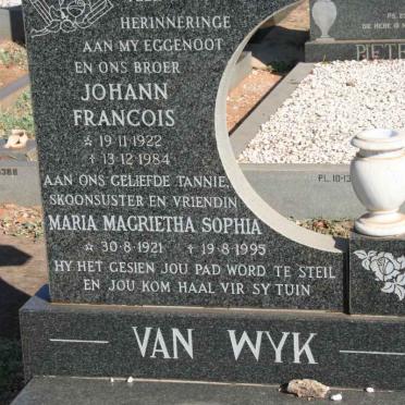WYK Johann Francois, van 1922-1984 &amp; Maria Magrietha Sophia 1921-1995