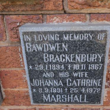 BRACKENBURY Bawdwen 1894-1967 &amp; Johanna Cathrine MARSHALL 1891-1972