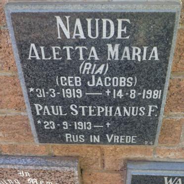 NAUDE Paul Stephanus F. 1913- &amp; Aletta Maria JACOBS 1919-1981