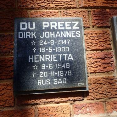 PREEZ Dirk Johannes, du 1947-1980 &amp; Henrietta 1949-1978