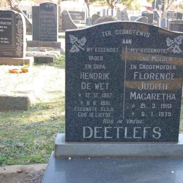 DEETLEFS Hendrik De Wet 1907-1981 &amp; Florence Judith Magaretha 1910-1975 