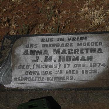 HUMAN Anna Magretha J.M. nee HEYNS 1874-1938