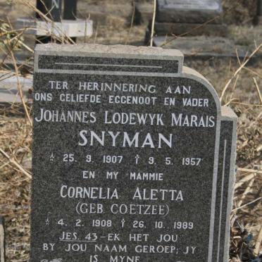 SNYMAN Johannes Lodewyk Marais 1907-1957 & Cornelia Aletta COETZEE 1908-1989