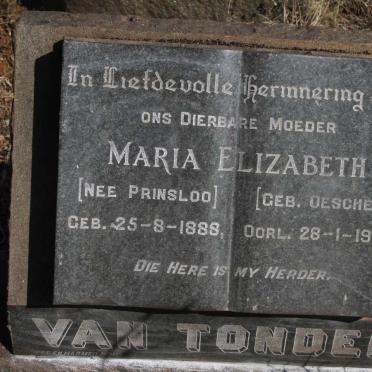 TONDER Maria Elizabeth, van voorheen PRINSLOO nee OESCHER 1888-1957