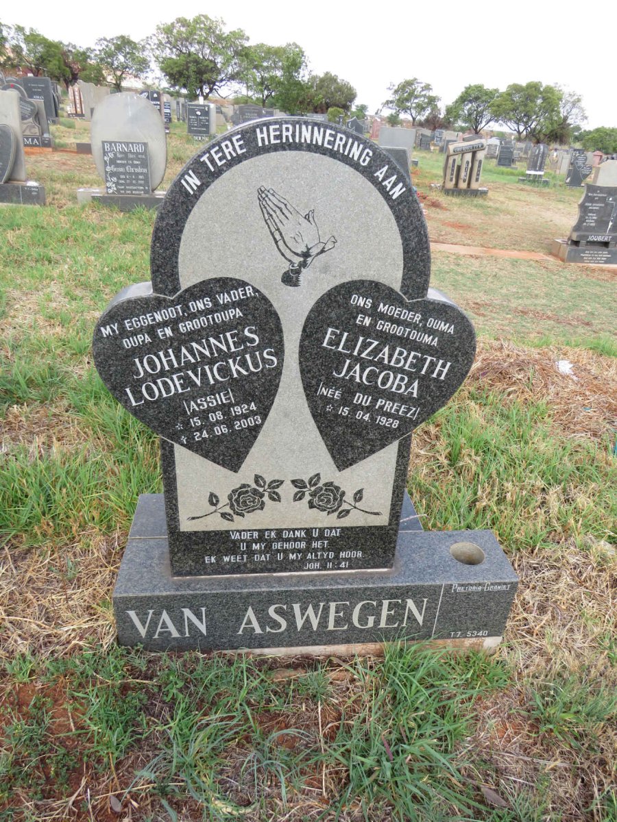 ASWEGEN Johannes Lodevickus, van 1924-2003 & Elizabeth Jacoba DU PREEZ 1928-