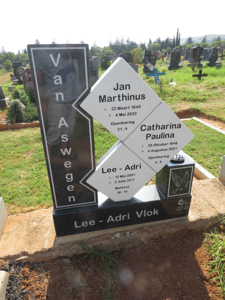 ASWEGEN Jan Marthinus, van 1940-2023 & Catharina Paulina 1946-2021 :: VLOK Lee-Adri 2001-2017