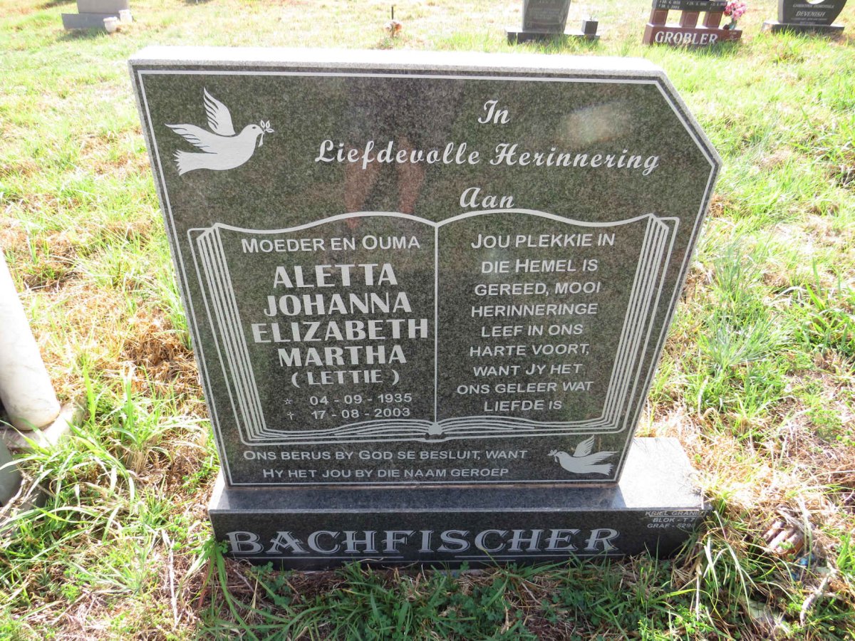 BACHFISCHER Aletta Johanna Elizabeth Martha 1935-2003