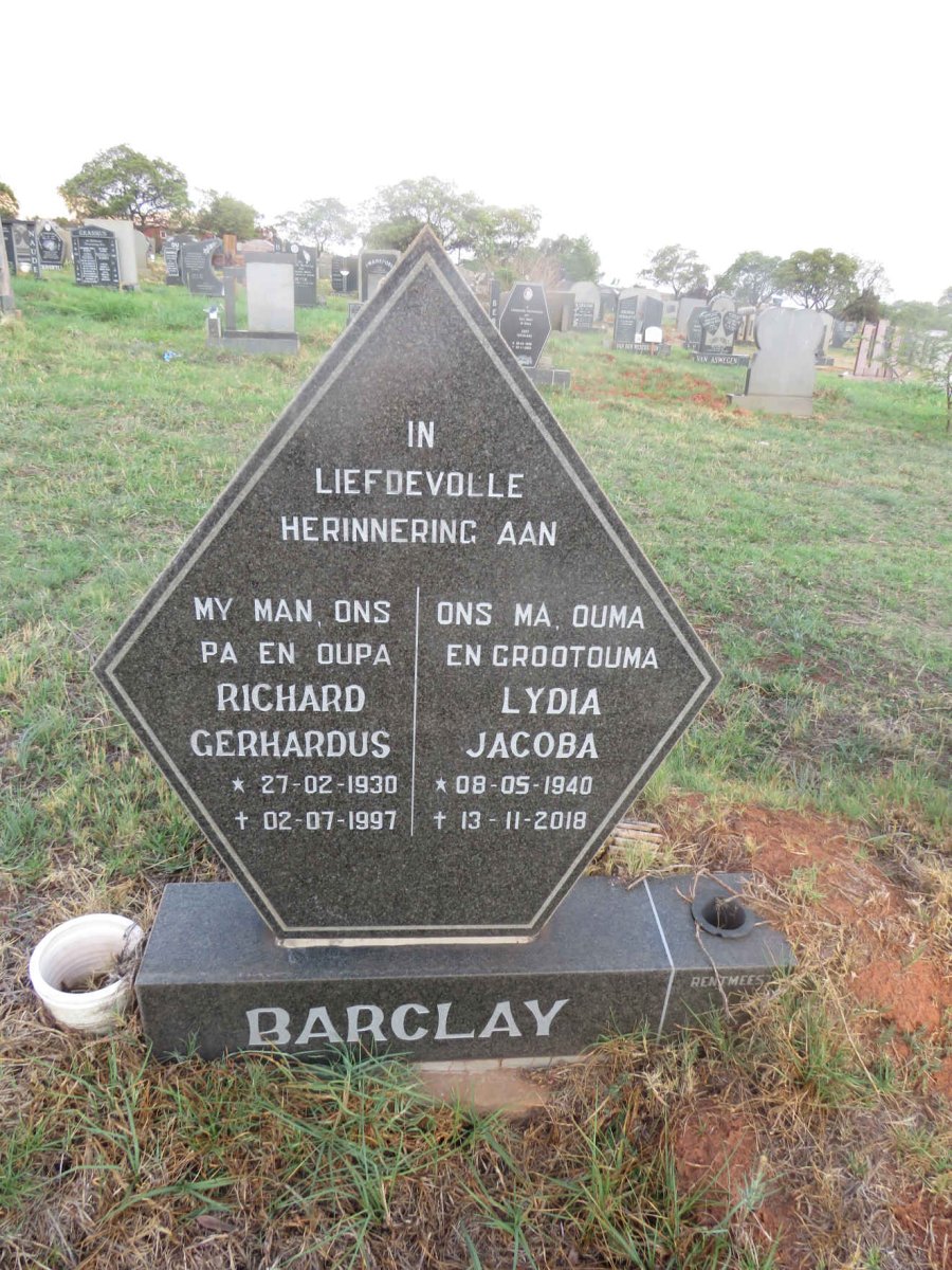 BARCLAY Richard Gerhardus 1930-1997 & Lydia Jacoba 1940-2018