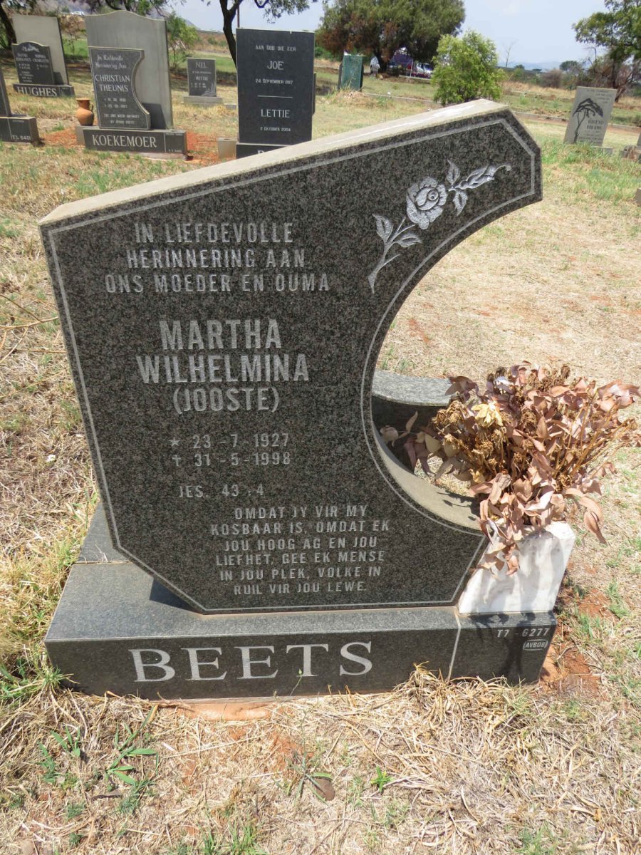 BEETS Martha Wilhelmina nee JOOSTE 1927-1998
