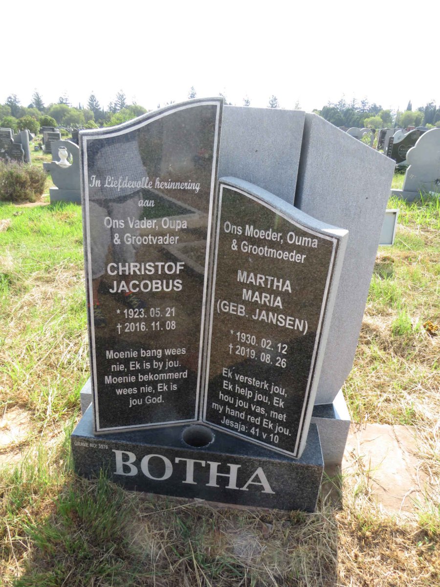 BOTHA Christof Jacobus 1923-2016 & Martha Maria JANSEN 1930-2019