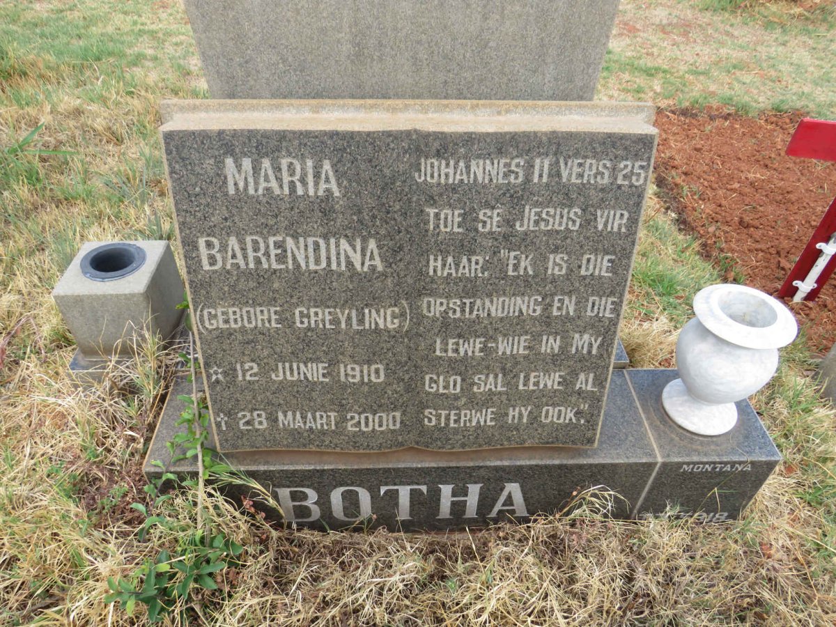 BOTHA Maria Barendina nee GREYLING 1910-2000