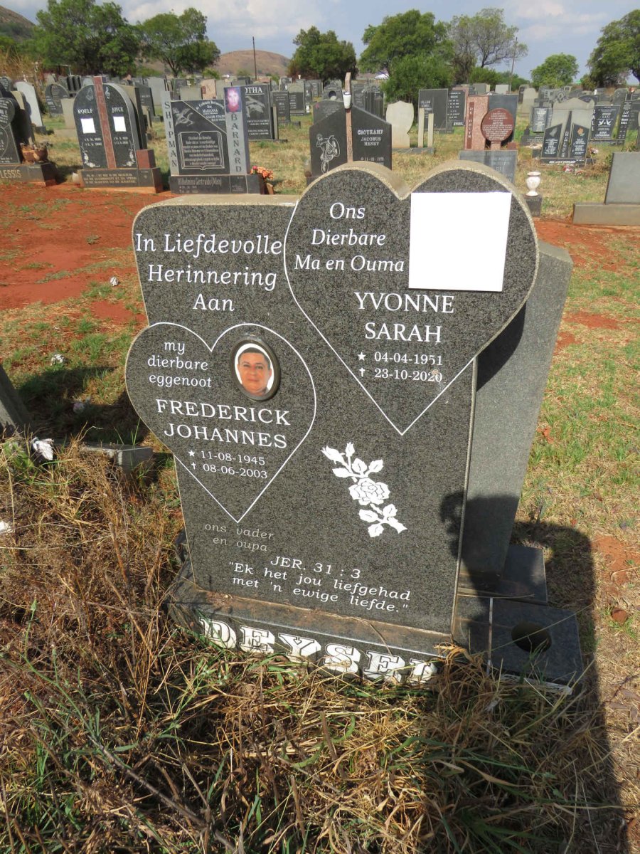 DEYSEL Frederick Johannes 1945-2003 & Yvonne Sarah 1951-2020