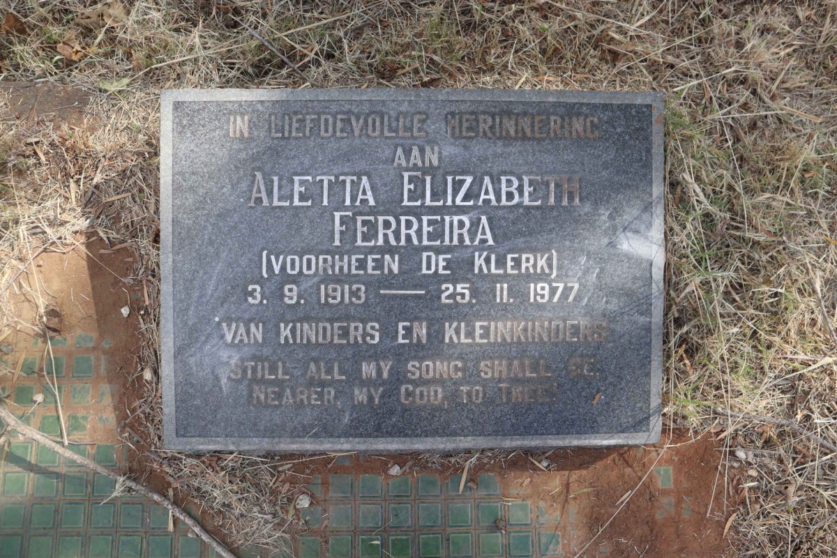 FERREIRA Aletta Elizabeth voorheen DE KLERK 1913-1977