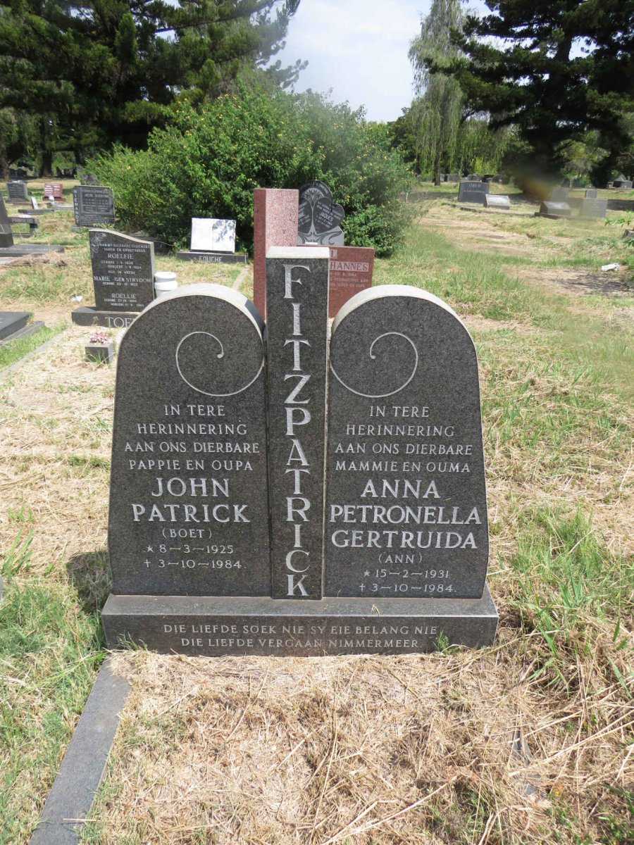 FITZPATRICK John Patrick 1925-1984 & Anna Petronella Gertruida 1931-1984