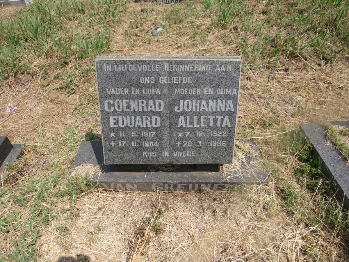GREUNEN Coenrad Eduard, van 1917-1984 & Johanna Alletta 1922-1986