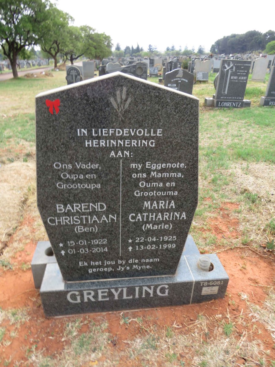 GREYLING Barend Christiaan 1922-2014 & Maria Catharina 1925-1999