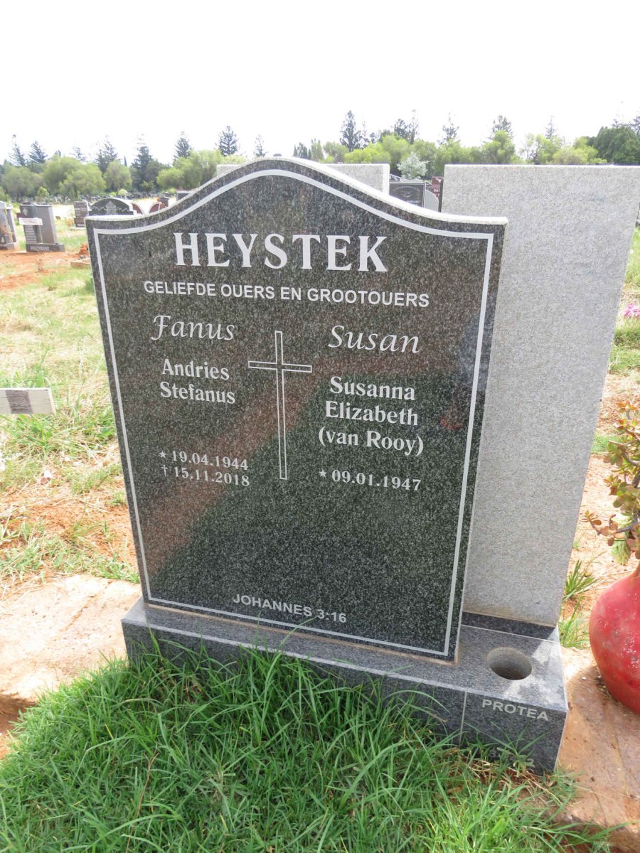 HEYSTEK Andries Stefanus 1944-2018 & Susanna Elizabeth VAN ROOY 1947- 