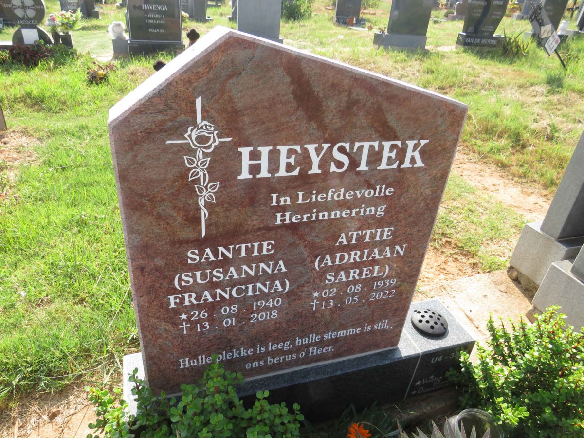 HEYSTEK Adriaan Sarel 1939-2022 & Susanna Francina 1940-2018