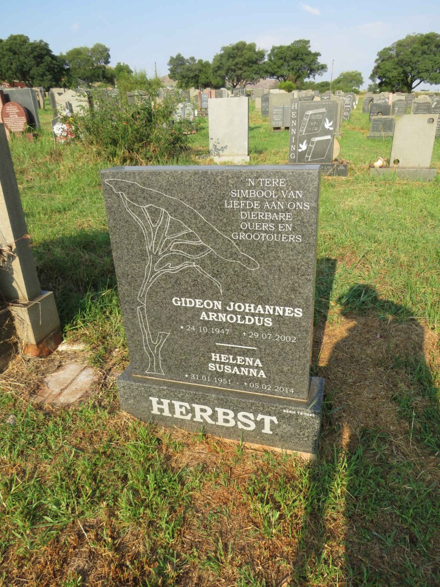 HERBST Gideon Johannes Arnoldus 1947-2002 & Helena Susanna 1951-2014