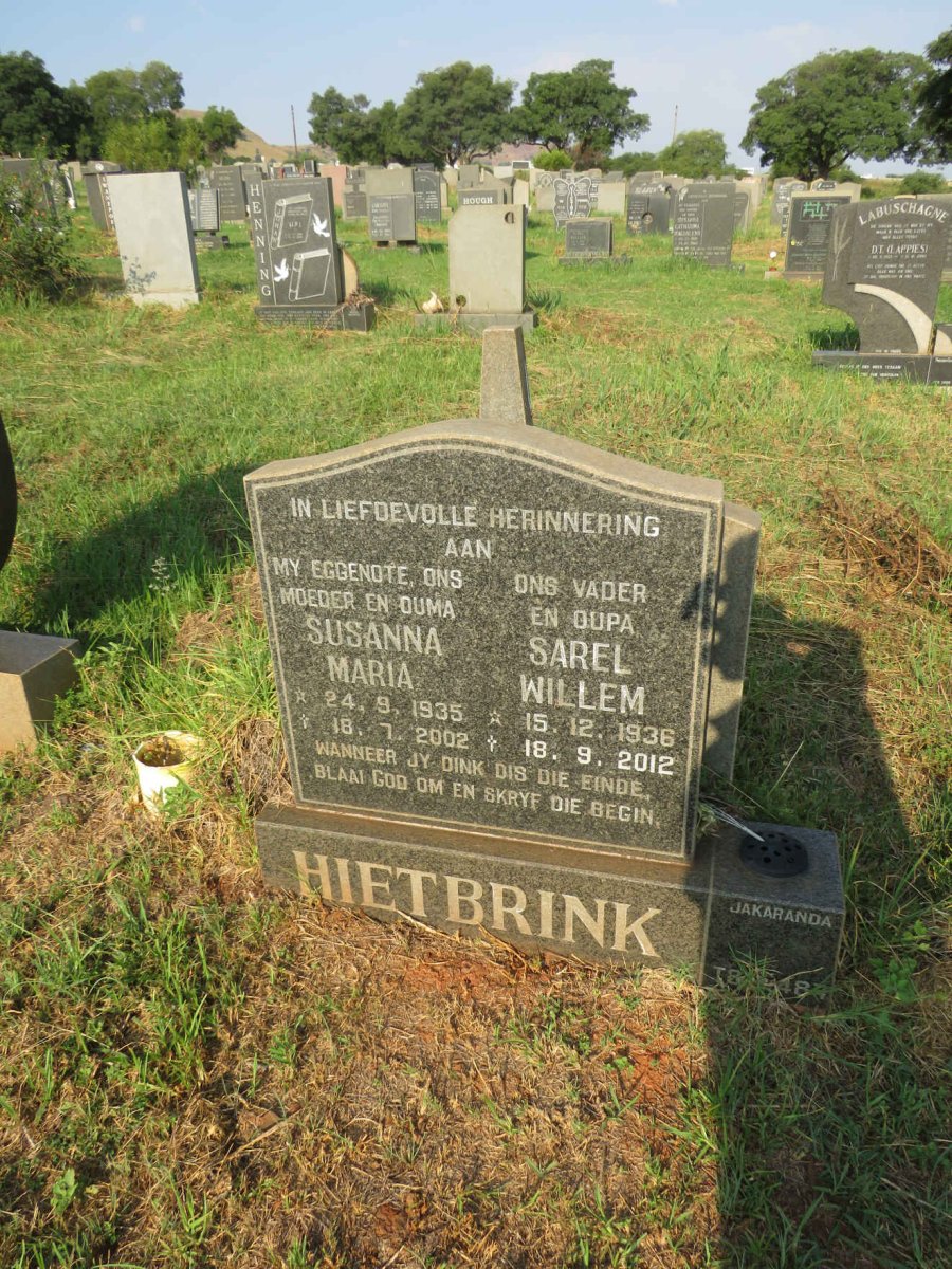 HIETBRINK Sarel Willem 1936-2012 & Susanna Maria 1935-2002
