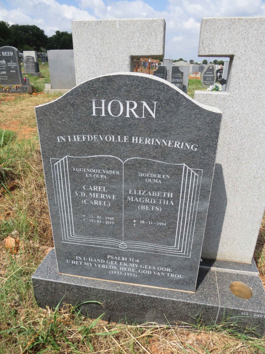 HORN Carel V.D. Merwe 1945-2019 & Elizabeth Magrietha 1954- 