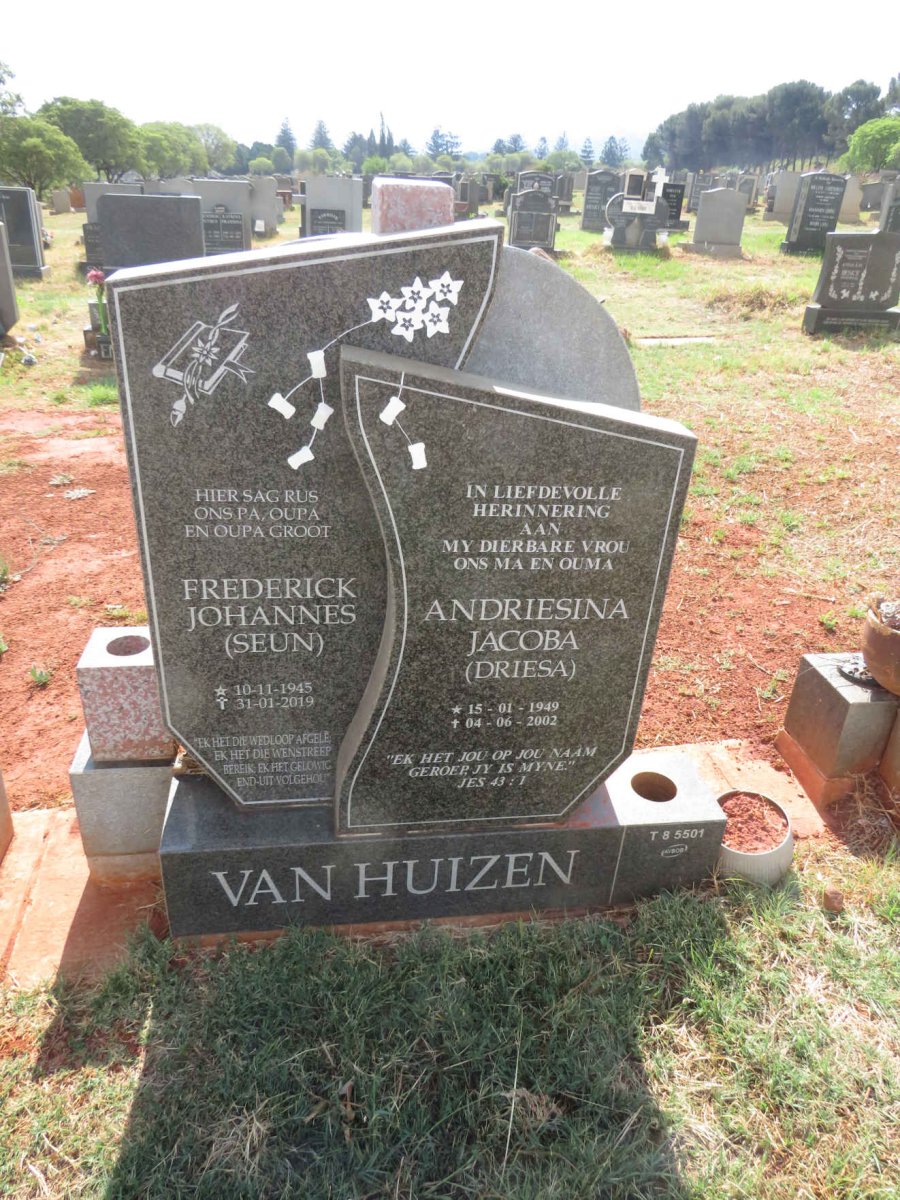HUIZEN Frederick Johannes, van 1945-2019 & Andriesina Jacoba 1949-2002