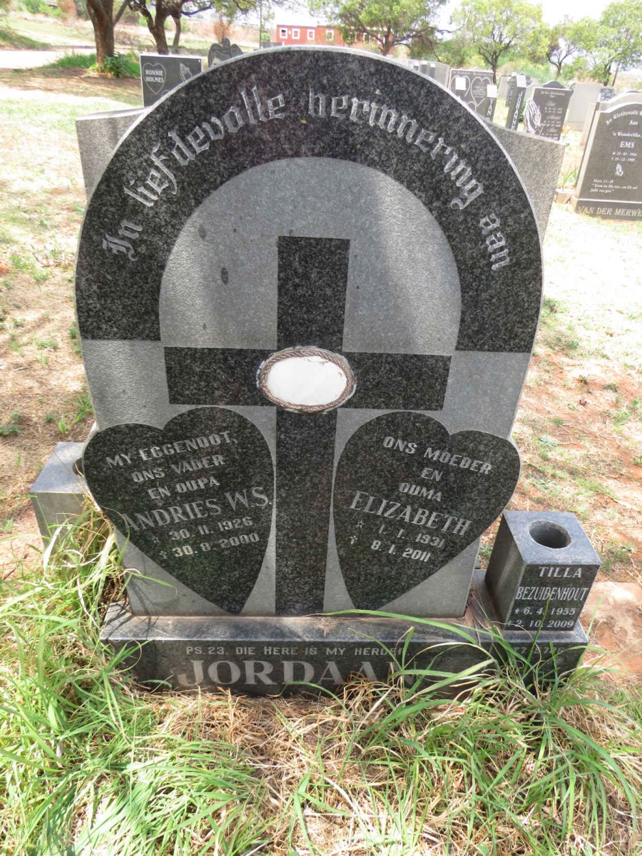 JORDAAN Andries W.S. 1926-2000 & Elizabeth 1931-2011 :: BEZUIDENHOUT Tilla 1955-2009