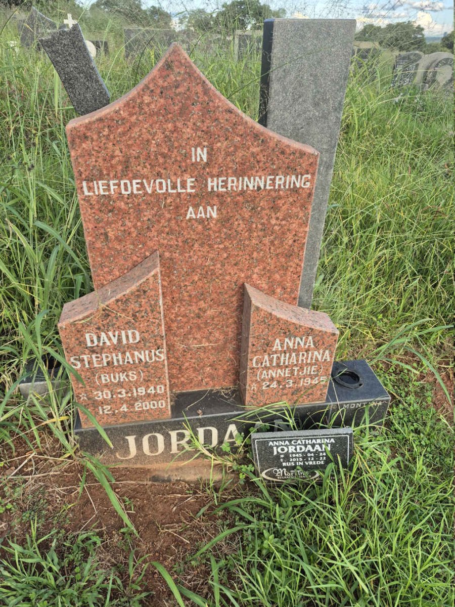 JORDAAN David Stephanus 1940-2000 & Anna Catharina 1945-2015