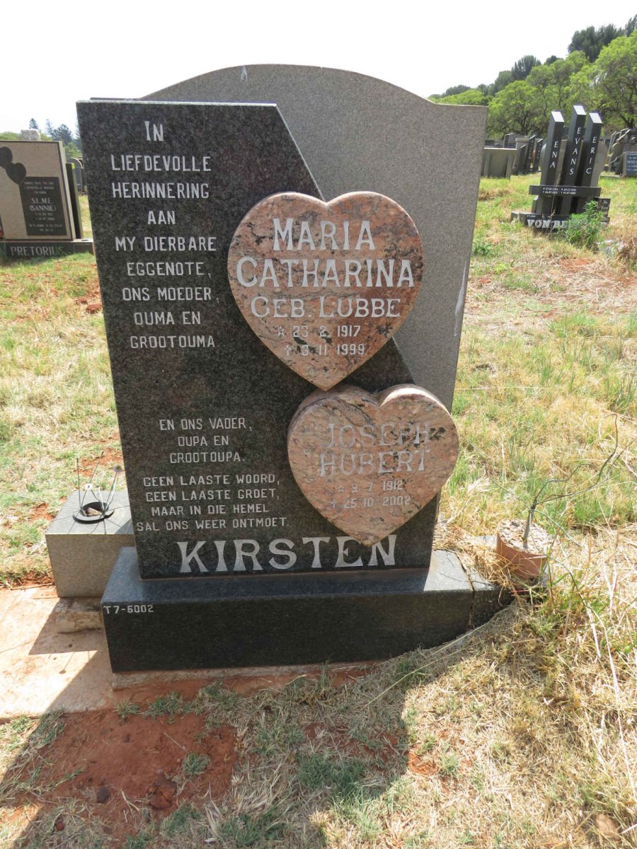 KIRSTEN Joseph Hubert 1912-2002 & Maria Catharina 1917-1999