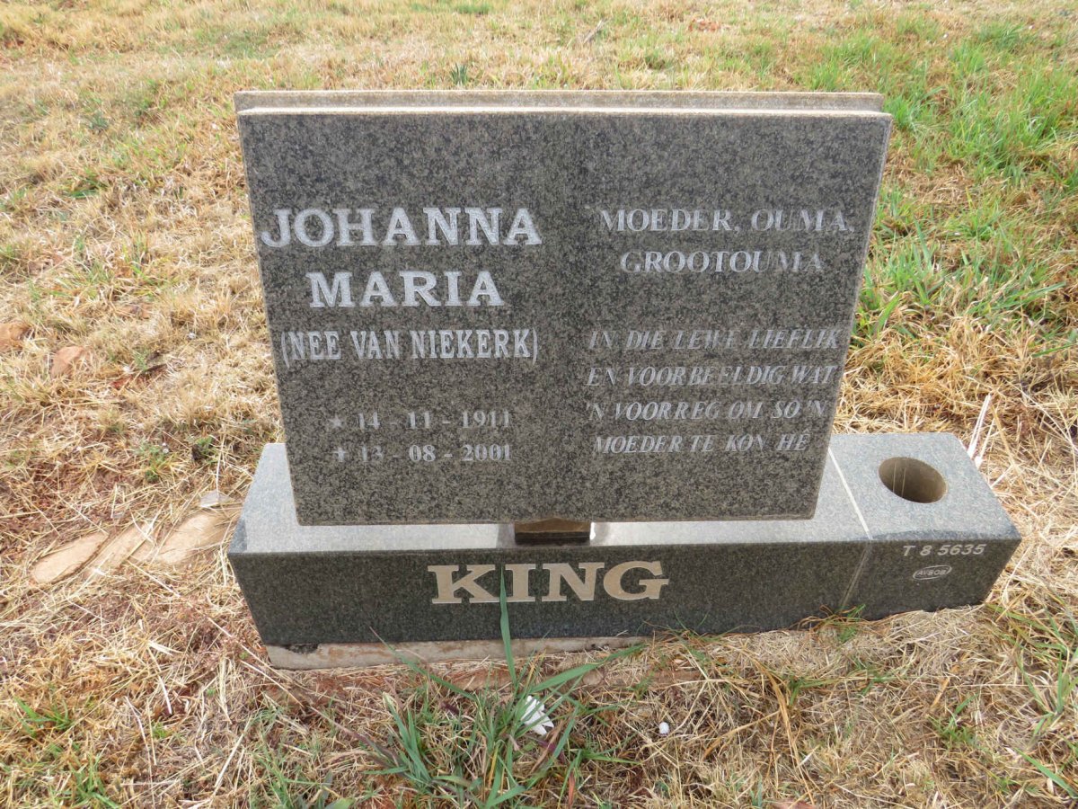 KING Johanna Maria nee VAN NIEKERK 1911-2001