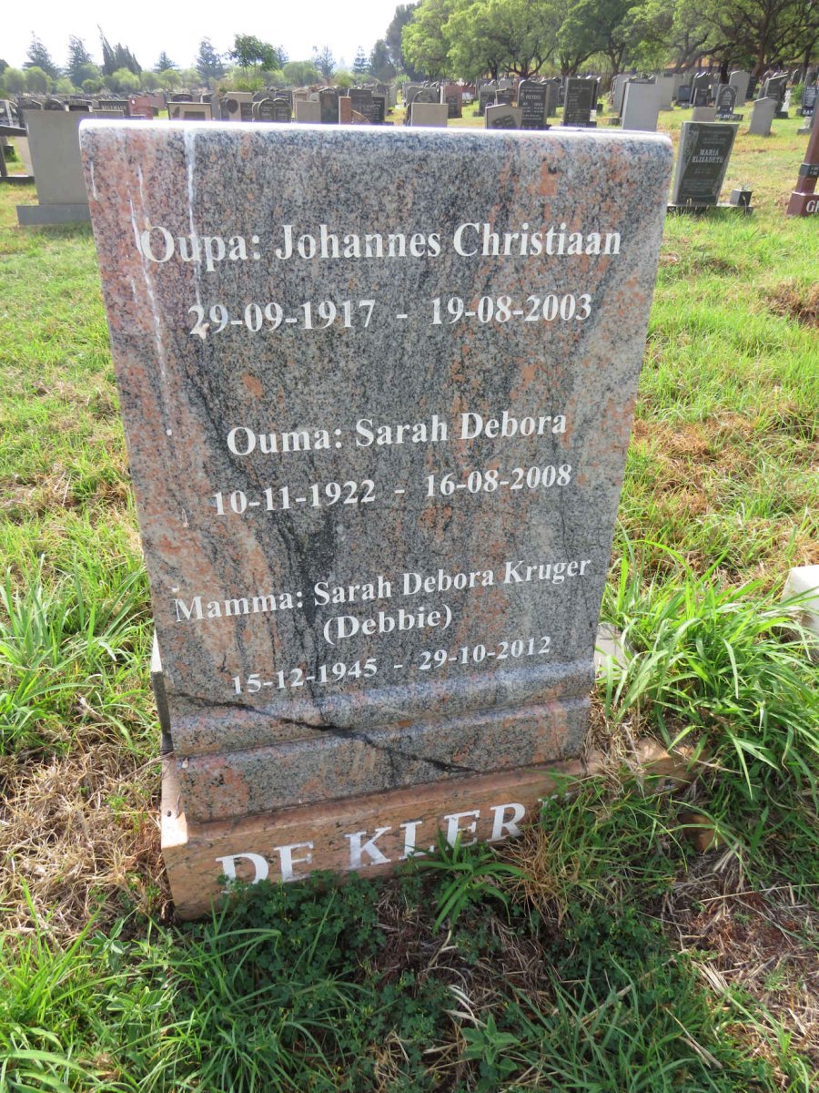 KLERK Johannes Christiaan, de 1917-2003 & Sarah Debora 1922-2008 :: KRUGER Sarah Debora 1945-2012