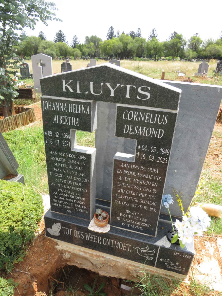 KLUYTS Cornelius Desmond 1949-2023 & Johanna Helena Albertha 1954-2021