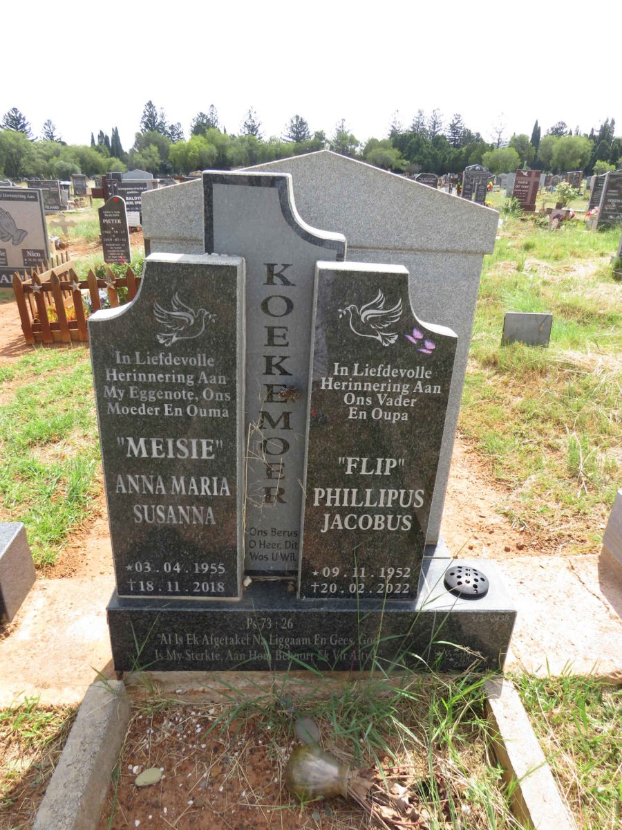 KOEKEMOER Phillipus Jacobus 1952-2022 & Anna Maria Susanna 1955-2018