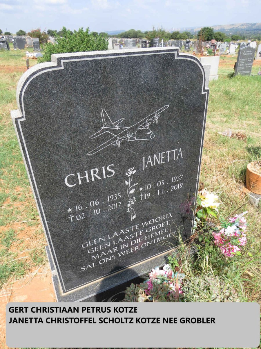 KOTZE Gert Christiaan Petrus 1935-2017 & Janetta Christoffel Scholtz GROBLER 1937-2019