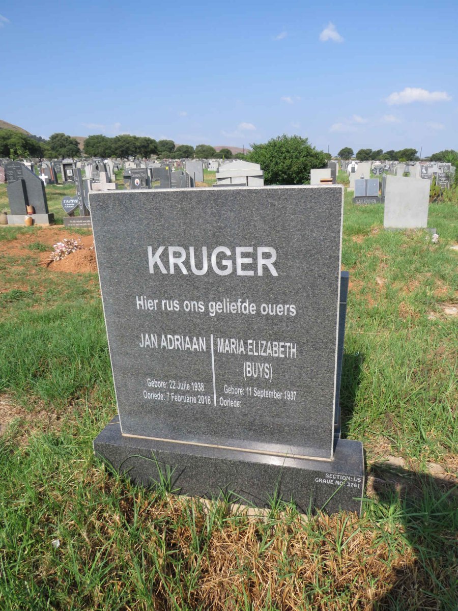 KRUGER Jan Adriaan 1938-2016 & Maria Elizabeth BUYS 1937- 
