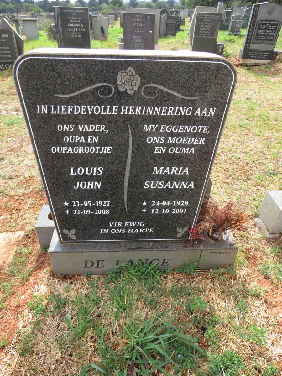 LANGE Louis John, de 1927-2008 & Maria Susanna 1928-2001