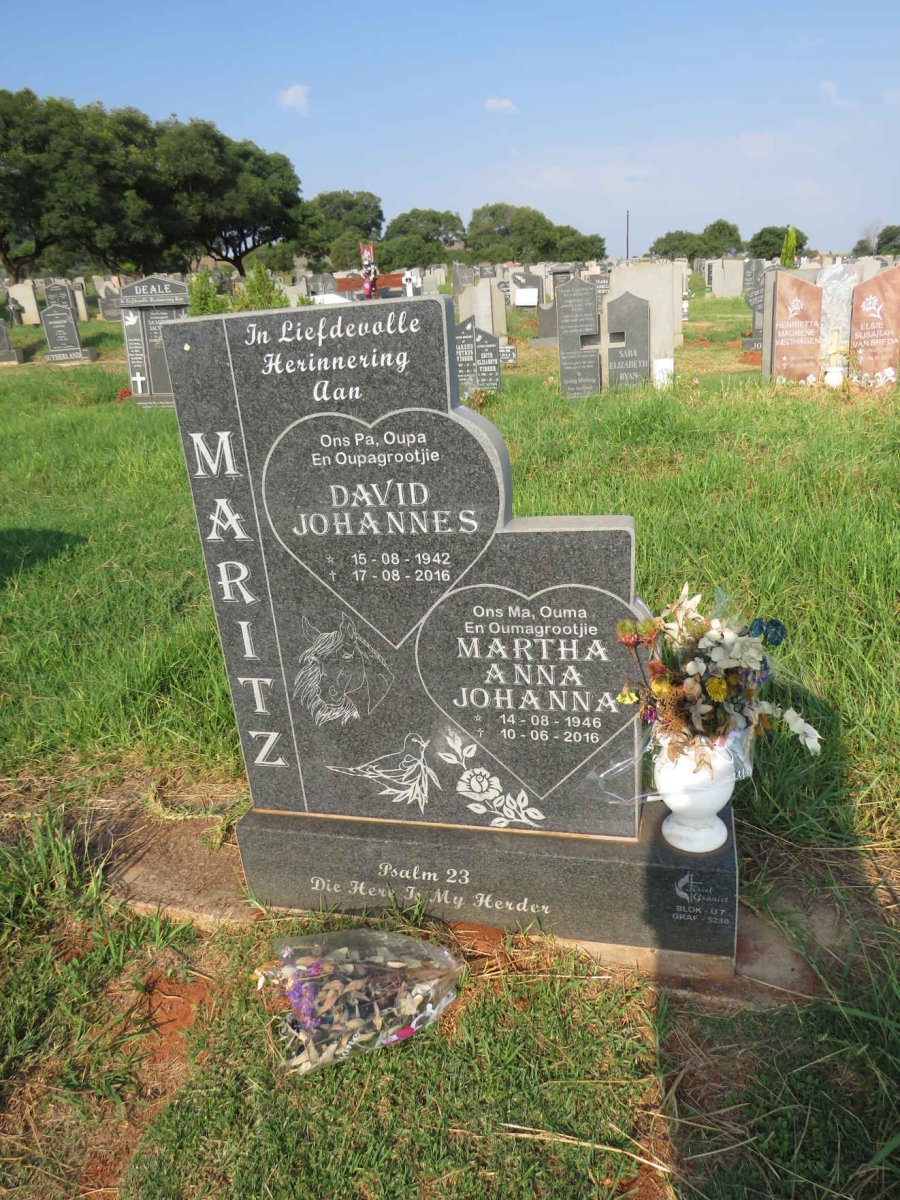 MARITZ David Johannes 1942-2016 & Martha Anna Johanna 1946-2016