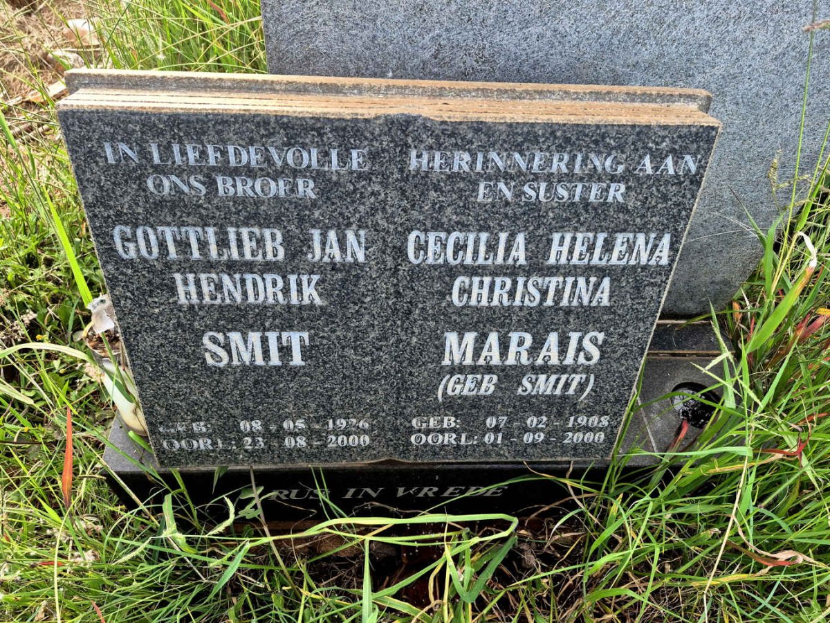 MARAIS Cecilia Helena Christina nee SMIT 1908-2000 :: SMIT Gottlieb Jan Hendrik 1926-2000