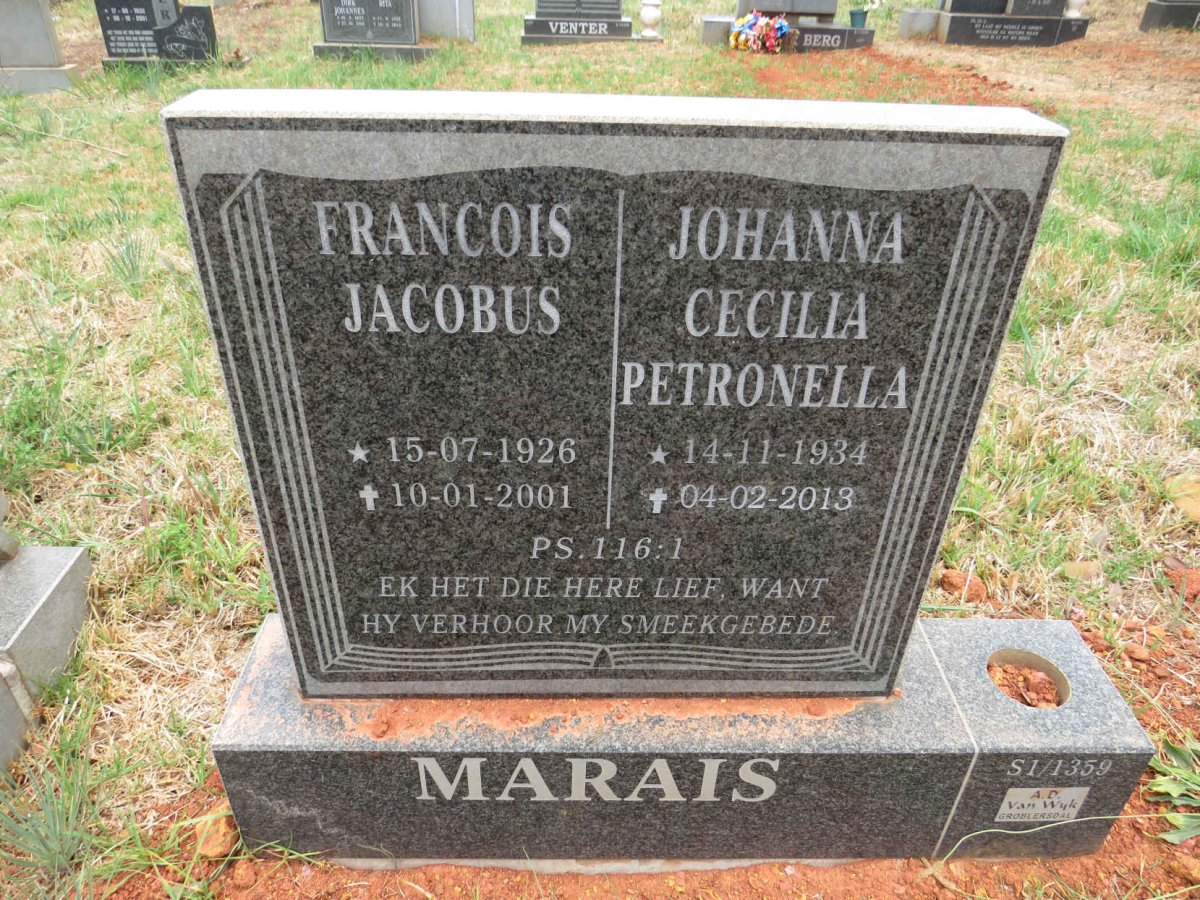 MARAIS Francois Jacobus 1926-2001 & Johanna Cecilia Petronella 1934-2013