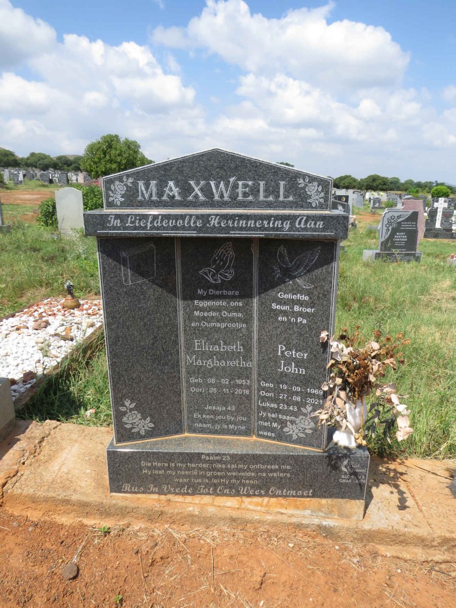 MAXWELL Elizabeth Margharetha 1953-2018 :: MAXWELL Peter John 1969-2021