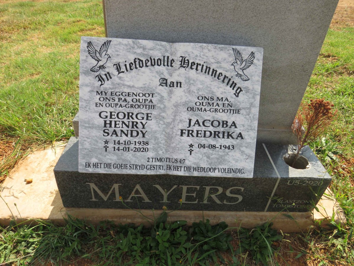 MAYERS George Henry Sandy 1938-2020 & Jacoba Fredrika 1943- 