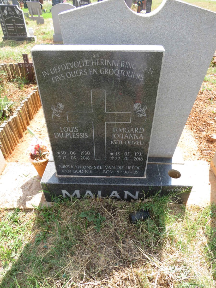 MALAN Louis Du Plessis 1930-2018 & Irmgard Johanna DUVEL 1931-2018
