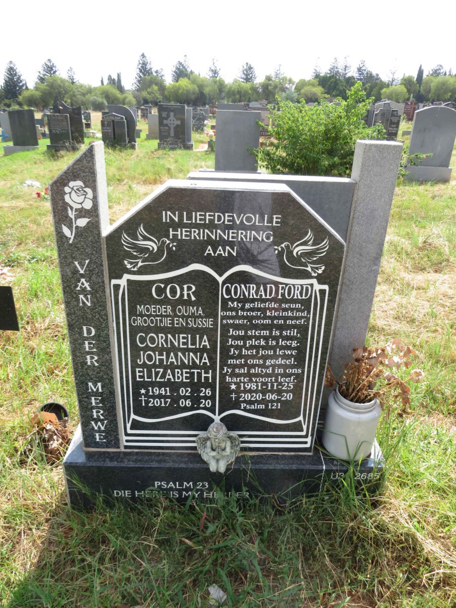 MERWE Cornelia Johanna Elizabeth, van der 1941-2017 :: VAN DER MERWE Conrad Ford 1981-2020