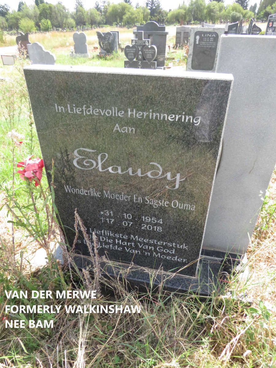 MERWE Elaudy, van der voorheen WALKINSHAW nee BAM 1954-2018