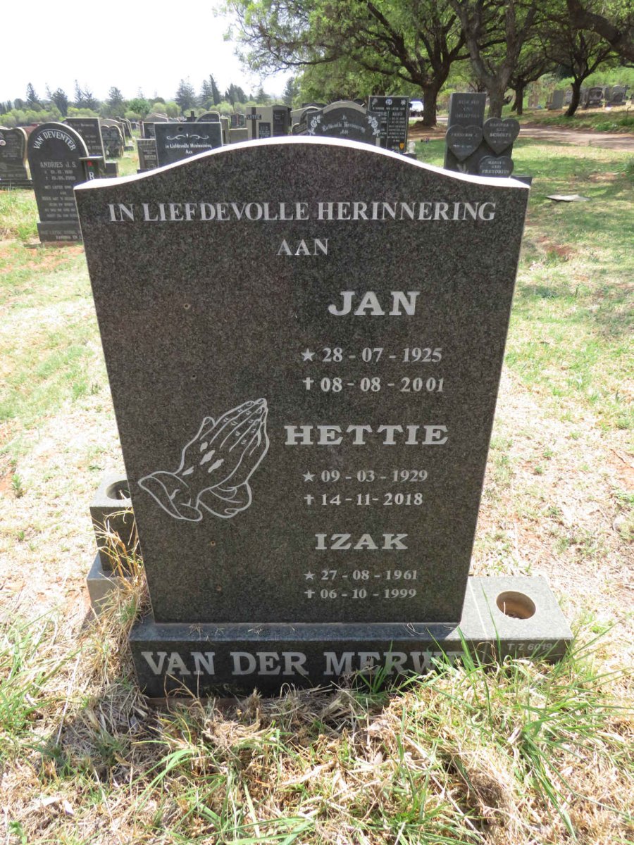 MERWE Jan, van der 1925-2001 & Hettie 1929-2018 :: VAN DER MERWE Izak  1961-1999