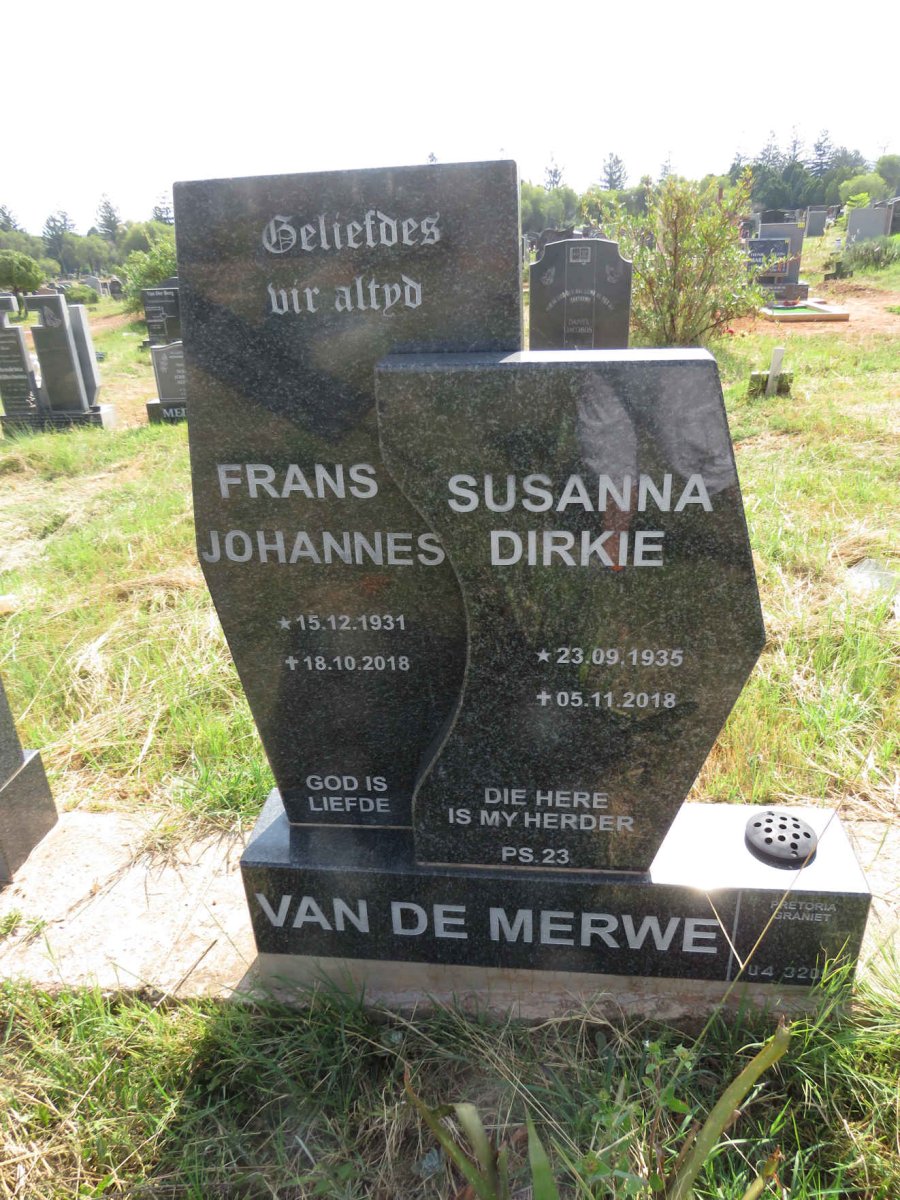 MERWE Frans Johannes, van de 1931-2018 & Susanna Dirkie 1935-2018 