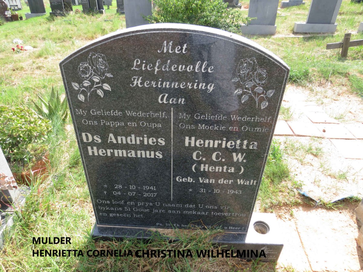 MULDER Andries Hermanus 1941-2017 & Henrietta Cornelia Christina Wilhelmina VAN DER WALT 1943- 