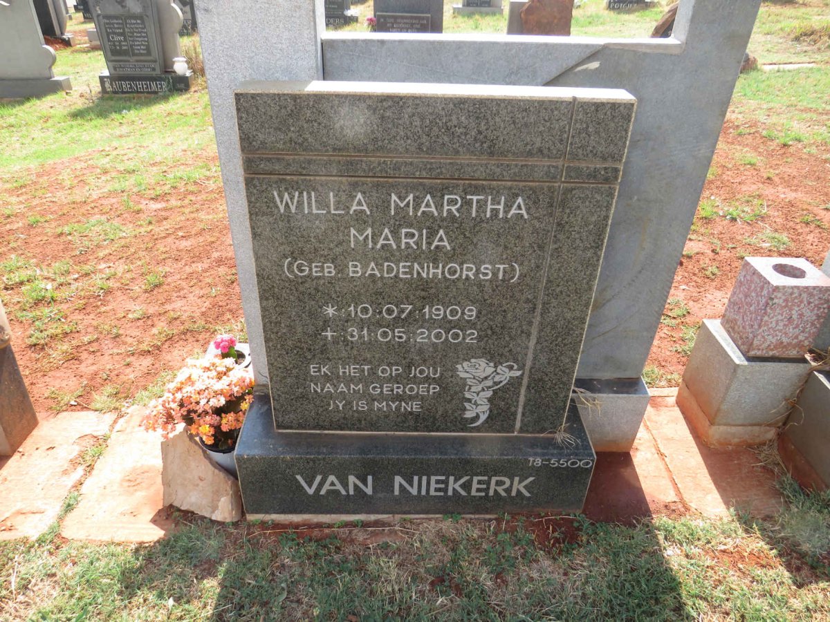 NIEKERK Willa Martha Maria, van nee BADENHORST 1909-2002